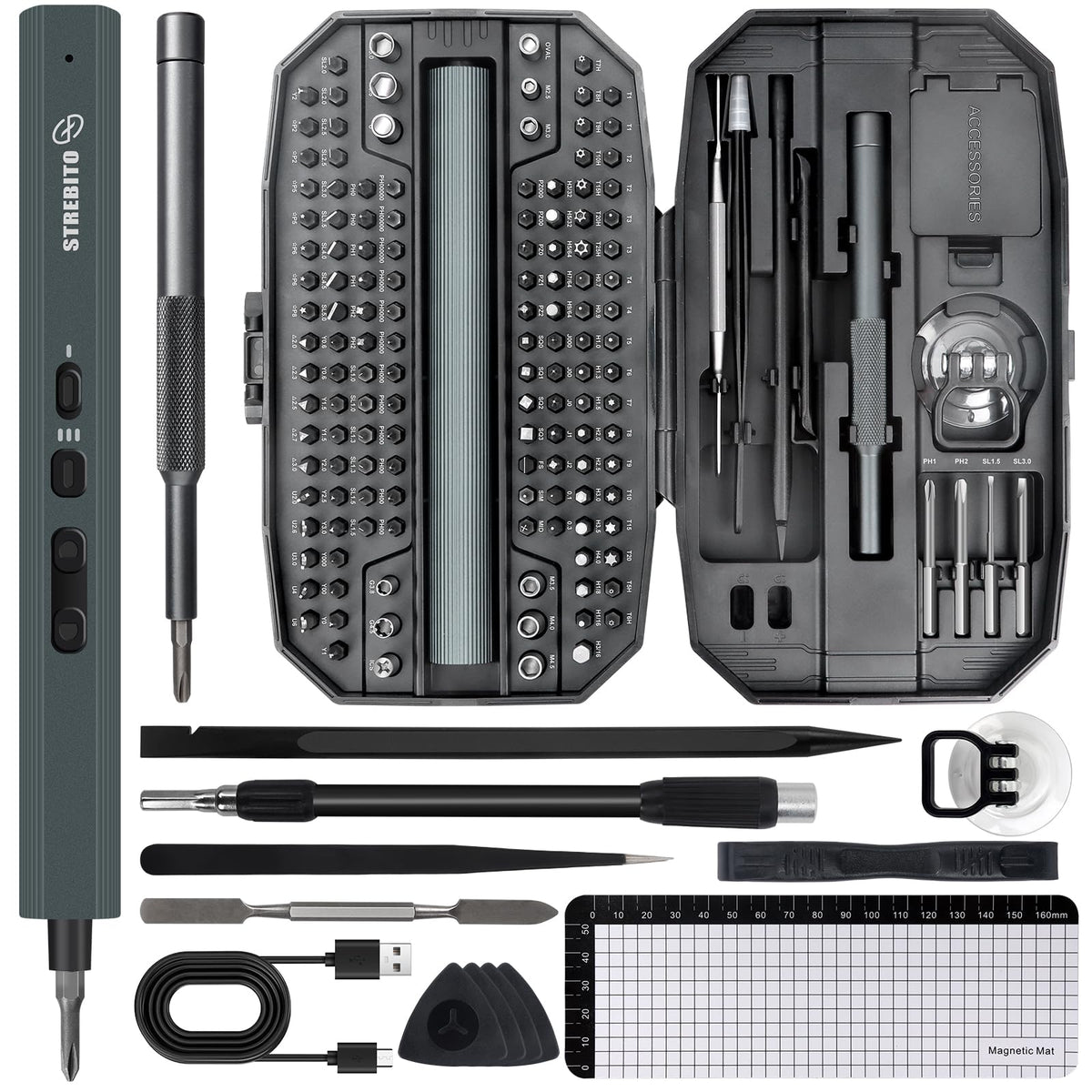 STREBITO 155-in-1 electric screwdriver kit front view with organized bits for fast repairs