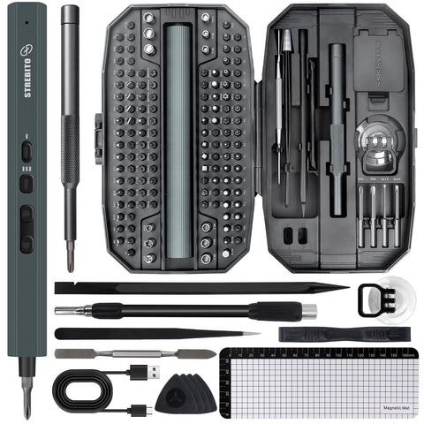 STREBITO 155-in-1 electric screwdriver kit front view with organized bits for fast repairs