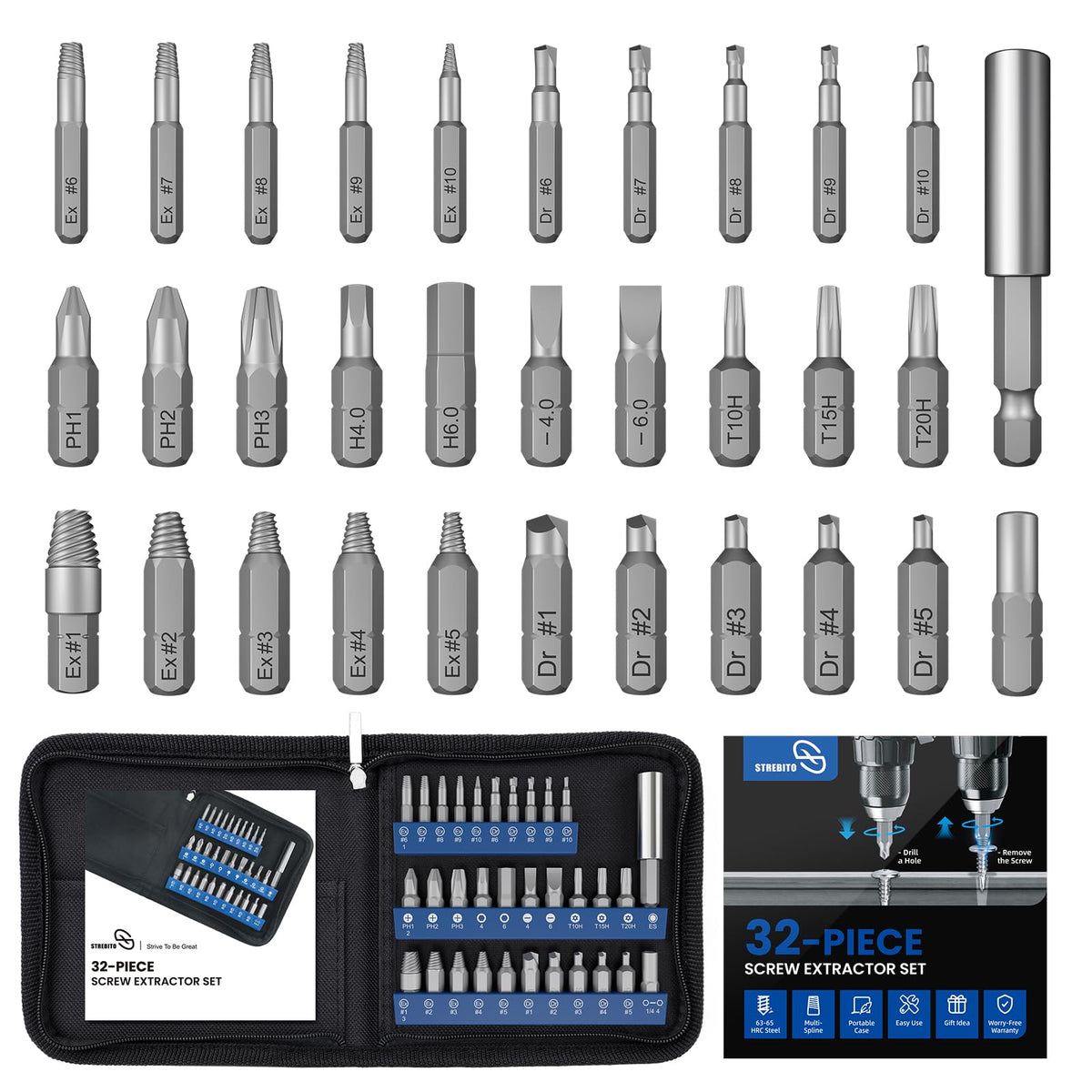 STREBITO damaged-screw-extractor-set 32pcs ready for rusted screw removal