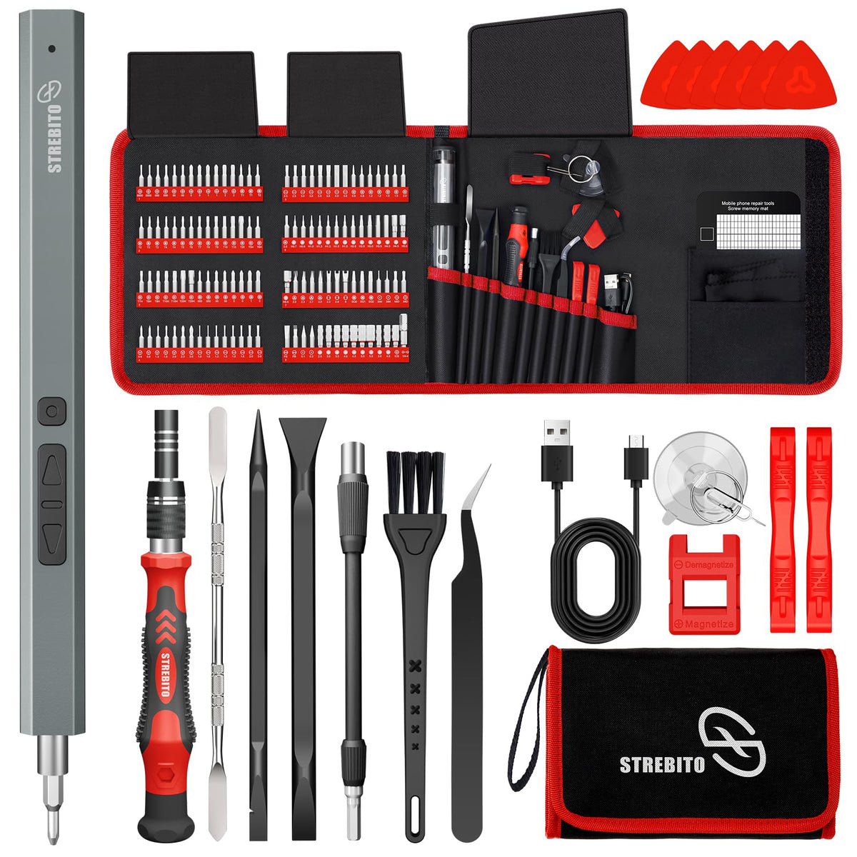 STREBITO electric screwdriver kit main unit with compact grip for electronics repair and portability.