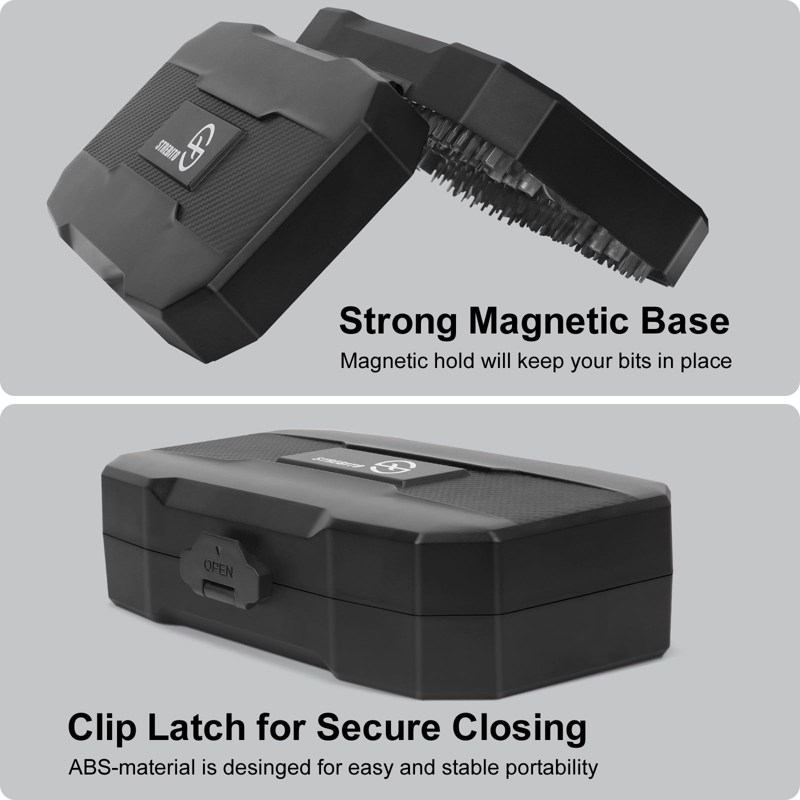STREBITO labeled storage slots for quick bit identification.