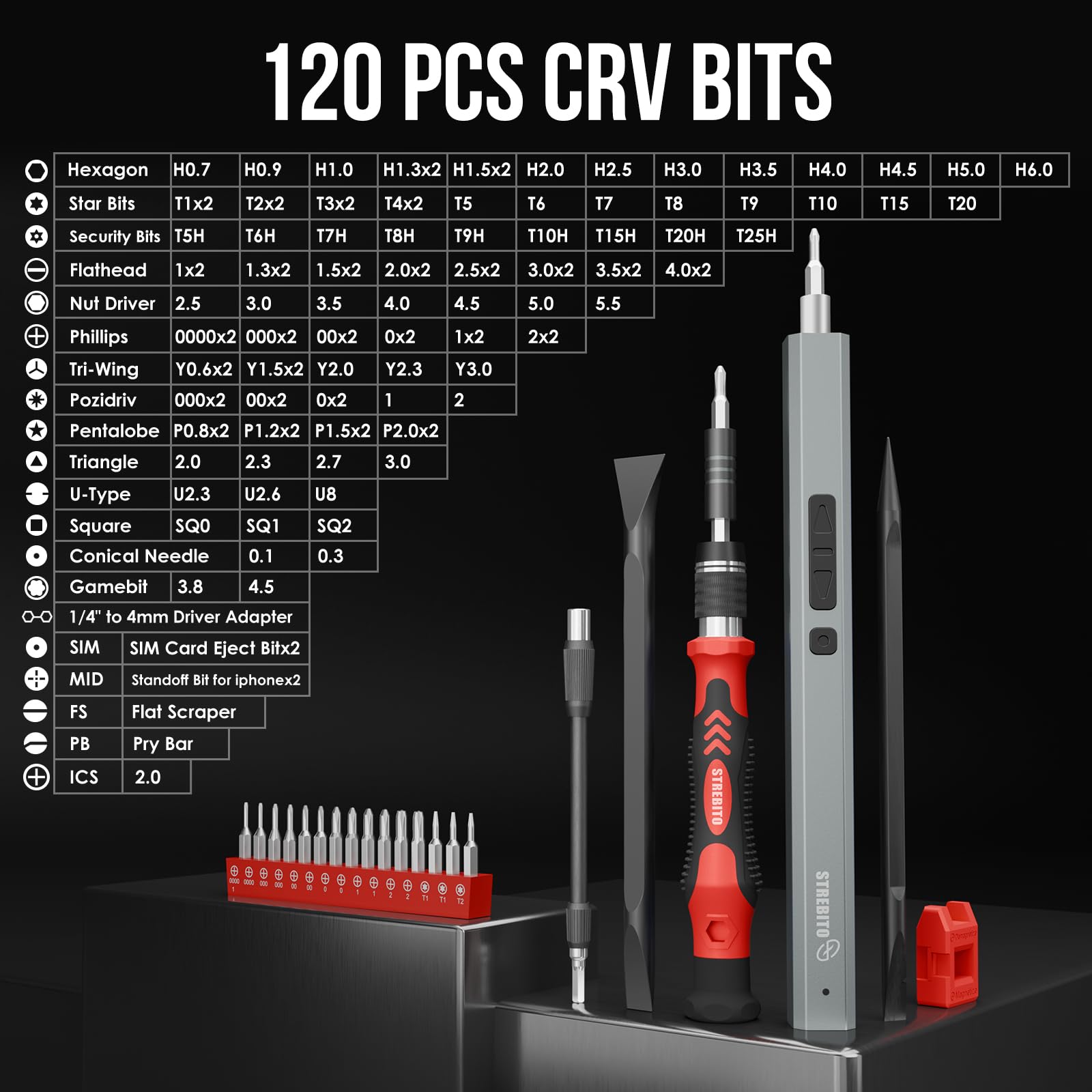 STREBITO magnetic bits kit of 120 pieces for broad device compatibility.