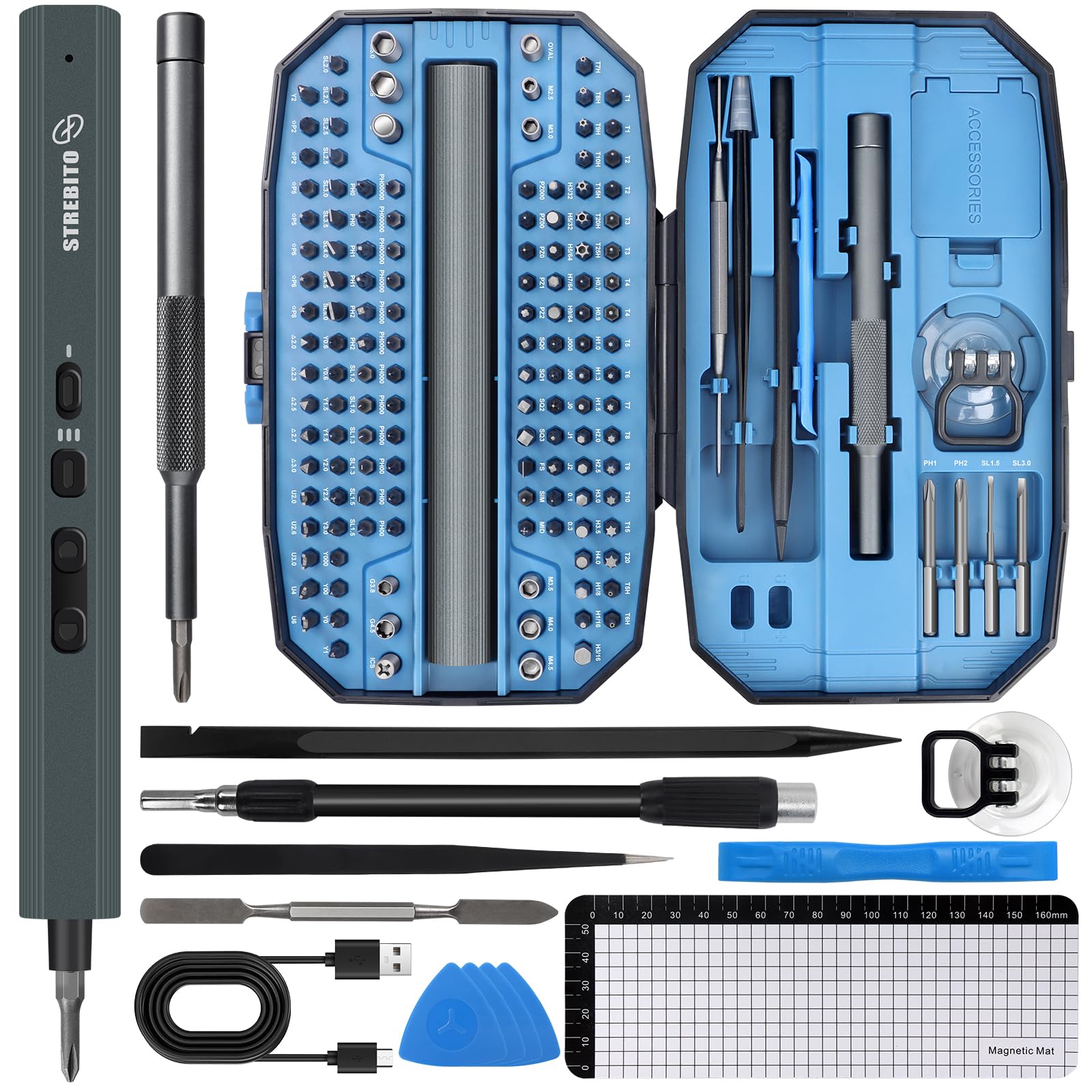 STREBITO mini electric screwdriver in compact design for tight electronics work.