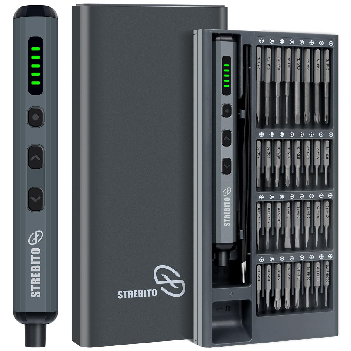 STREBITO mini electric screwdriver with ergonomic pen grip for precise electronics work.
