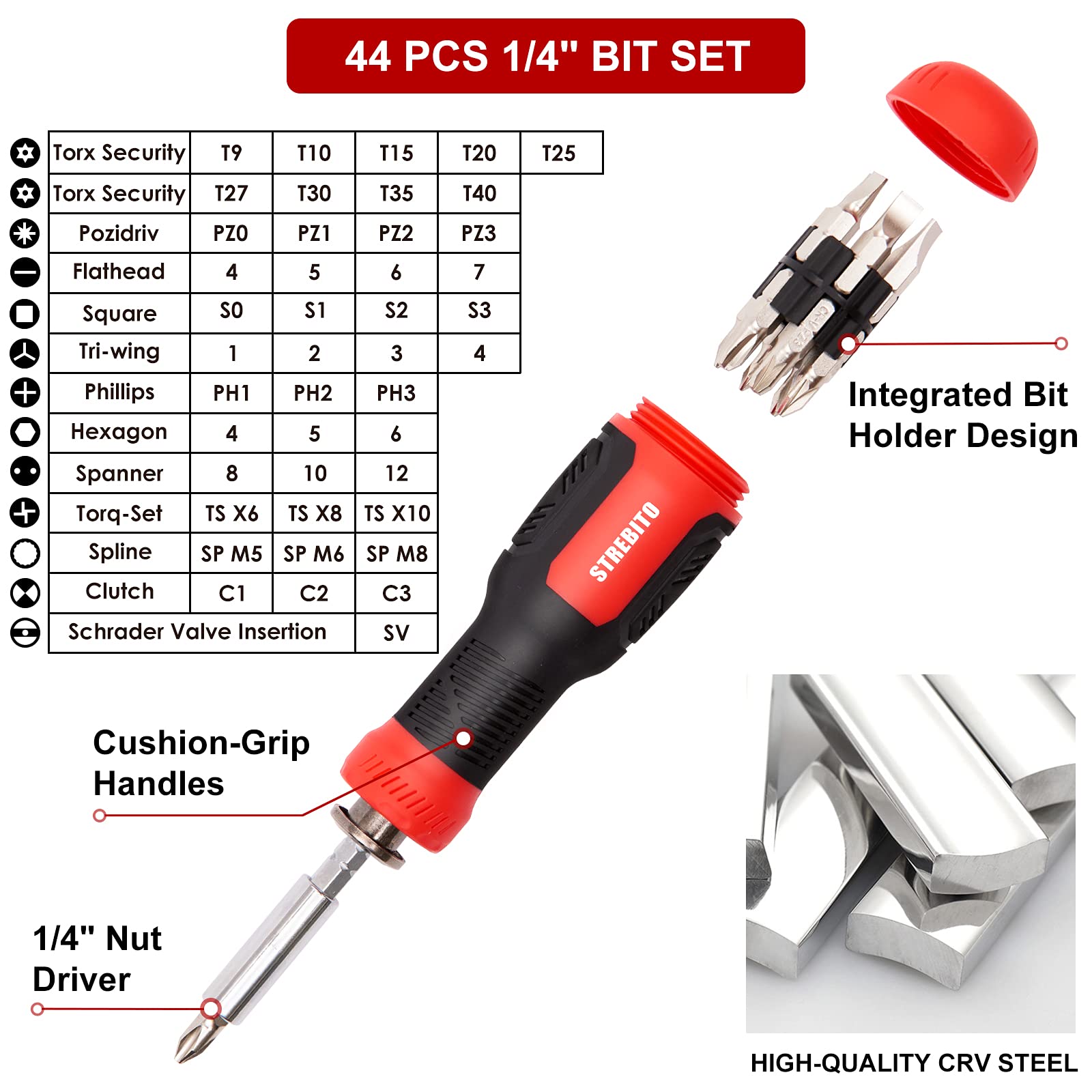 STREBITO multi-bit nut driver with integrated holder for on-the-go versatility.