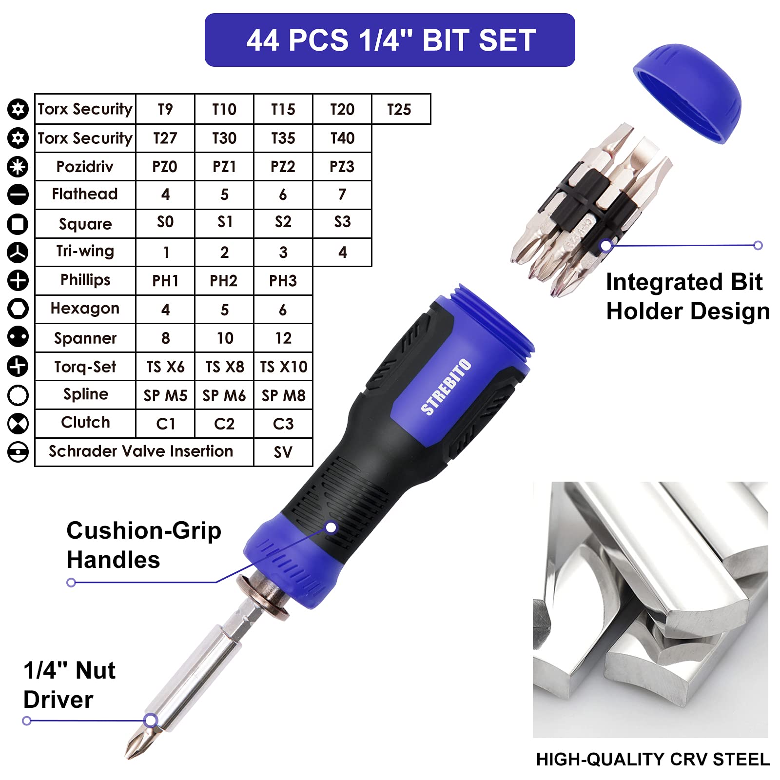 STREBITO 4mm bits variety; versatile electronics repair toolkit for phones and laptops.