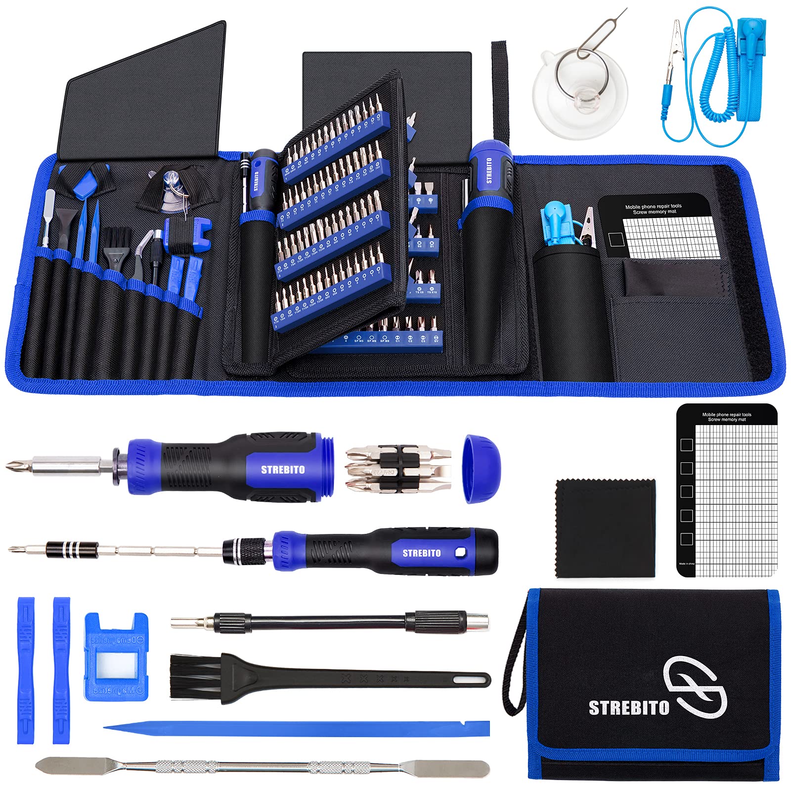 STREBITO precision screwdriver set case open view; a complete kit ready for home repairs.