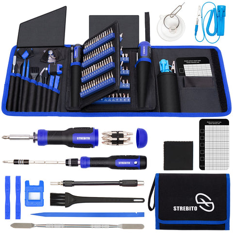 STREBITO precision screwdriver set case open view; a complete kit ready for home repairs.
