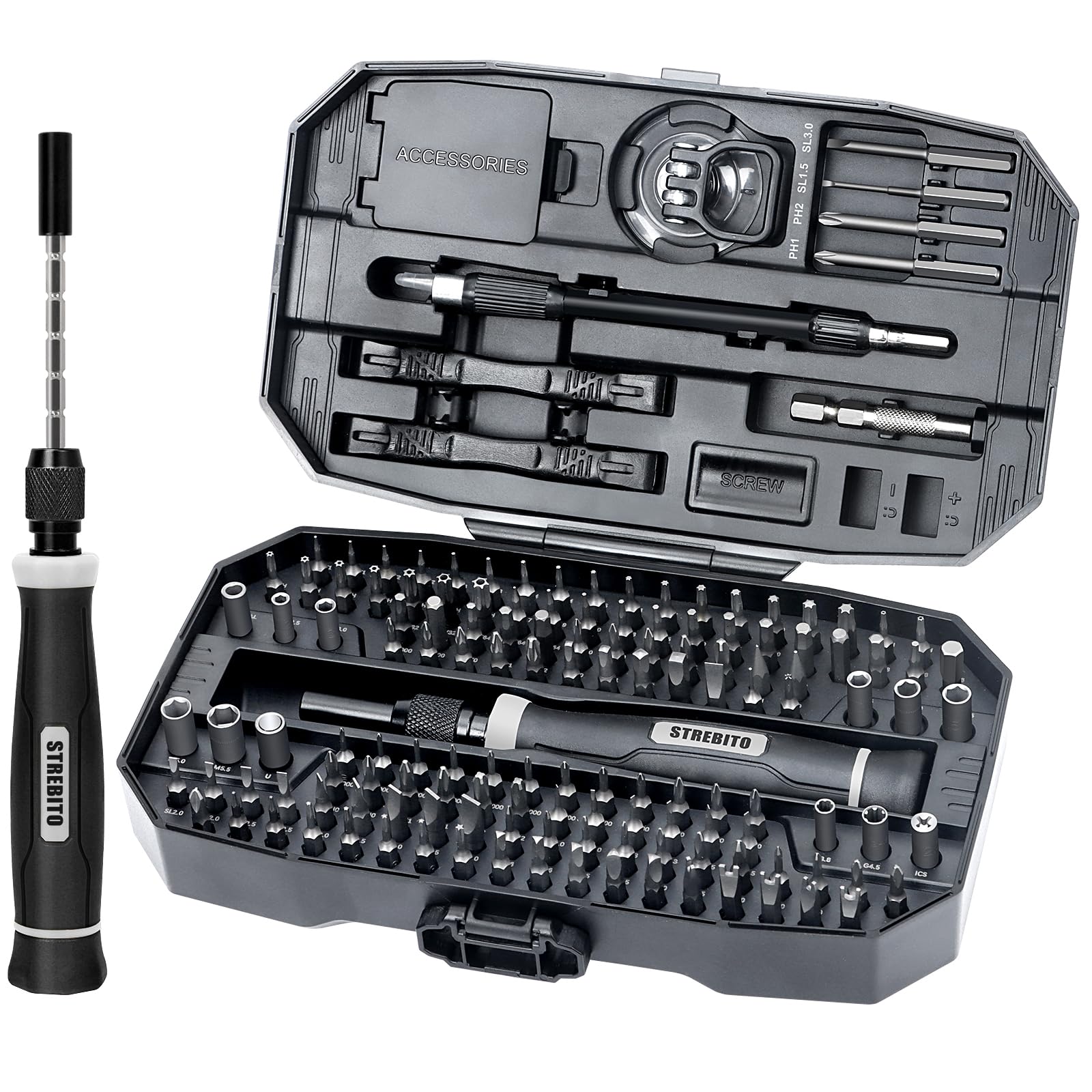 STREBITO precision screwdriver set in sturdy case for electronics repair.