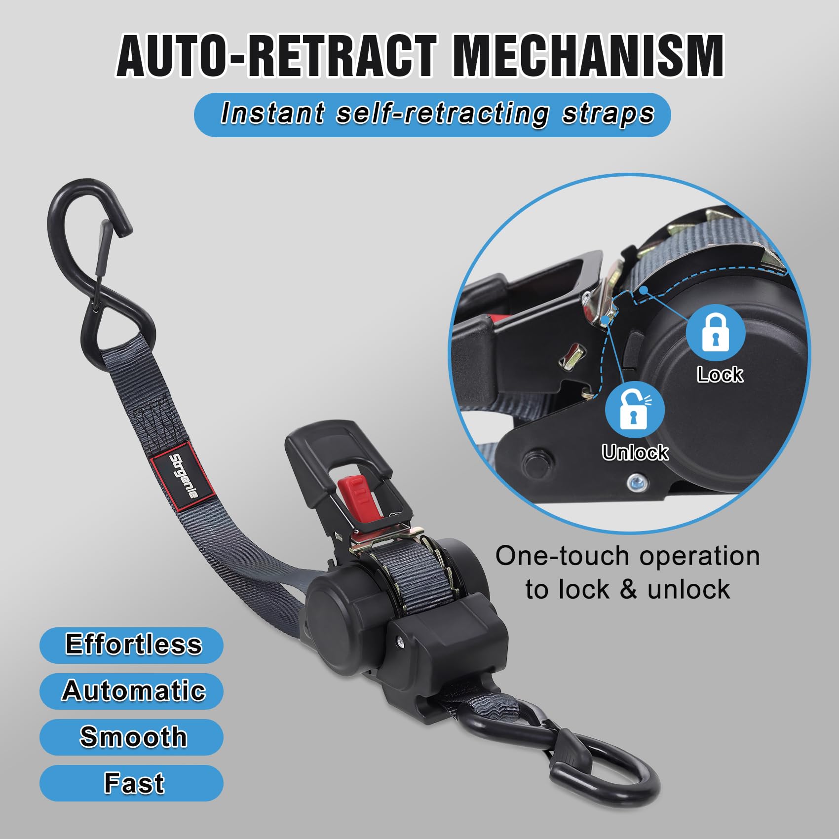 Strgenie heavy-duty ratchet strap rated to 1500 lbs for motorcycles and furniture.