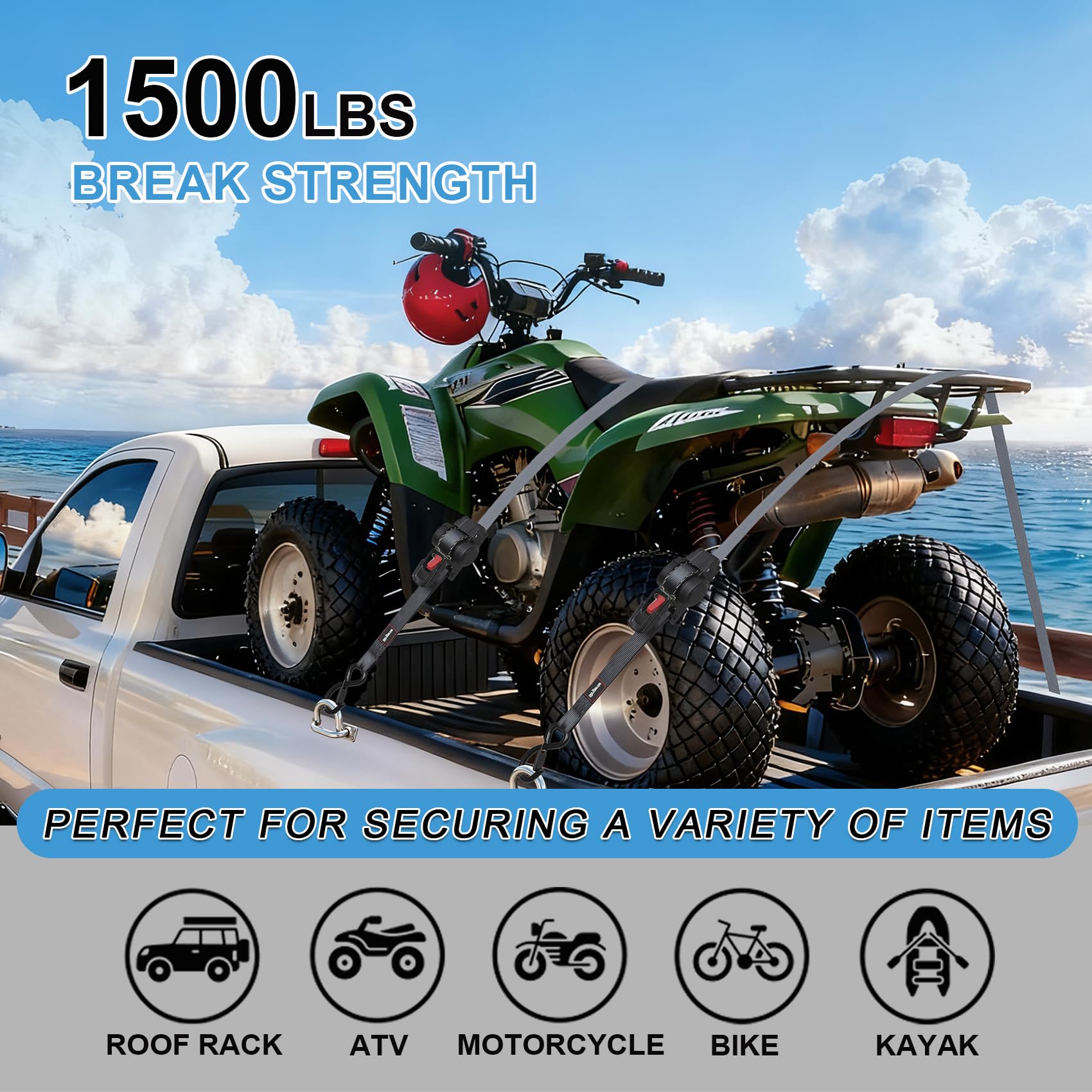 Strgenie vehicle, trailer, and roof rack cargo strap on rugged surfaces.