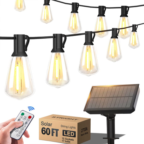 Stright 60ft solar string lights with remote illuminate an outdoor patio.