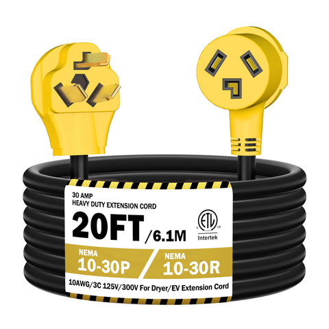 Strightinc 20ft 30A dryer extension cord with molded 10-30P/10-30R plugs for outdoor use.