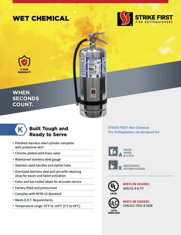 Strike First SF-6LK discharge coverage reaches eight-to-ten feet in kitchen fires.
