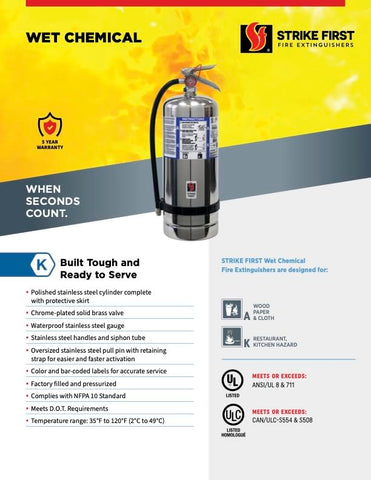 Strike First SF-6LK discharge coverage reaches eight-to-ten feet in kitchen fires.