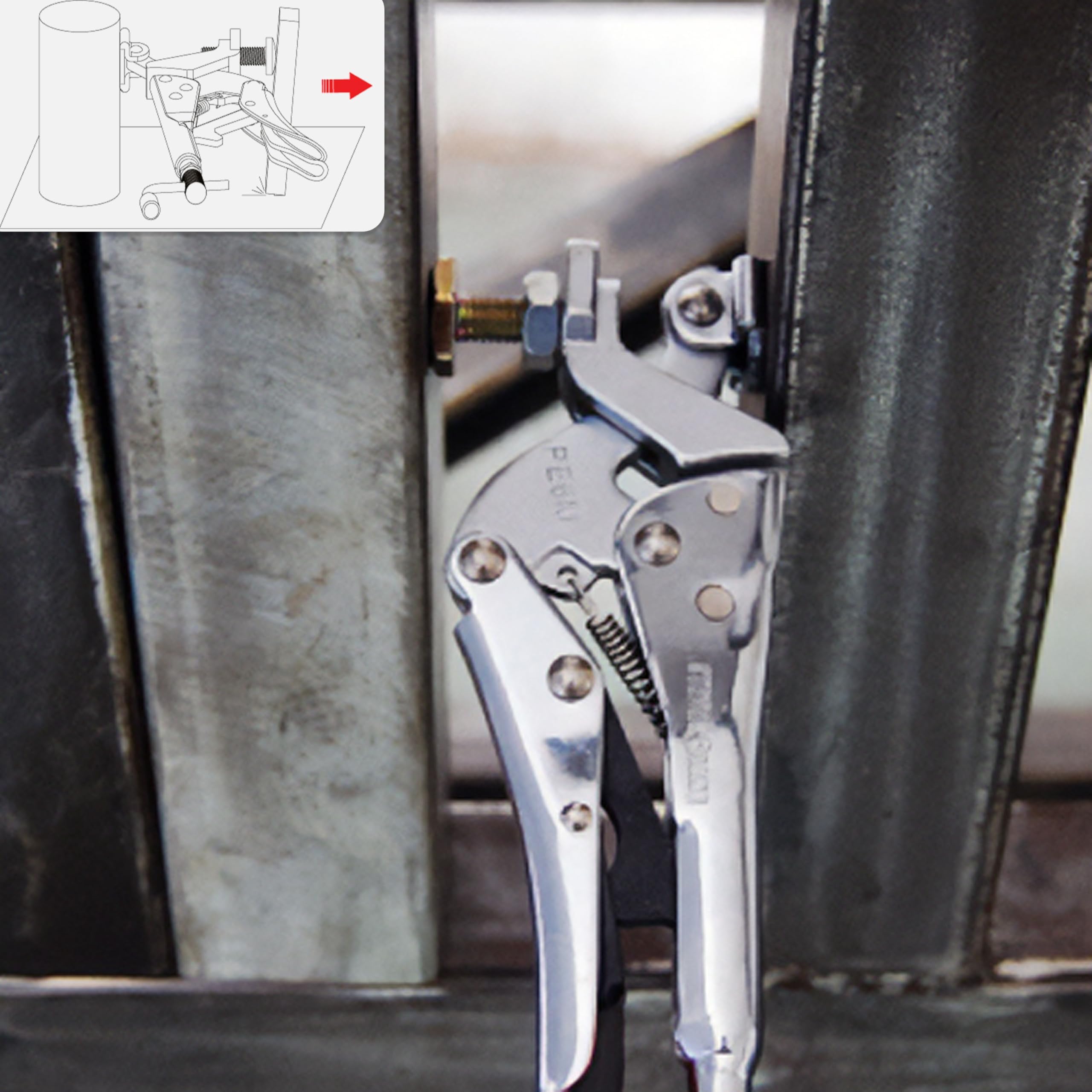 Strong Hand Tools Expand-O Pliers with magnetic V-Pad holds parts steady.