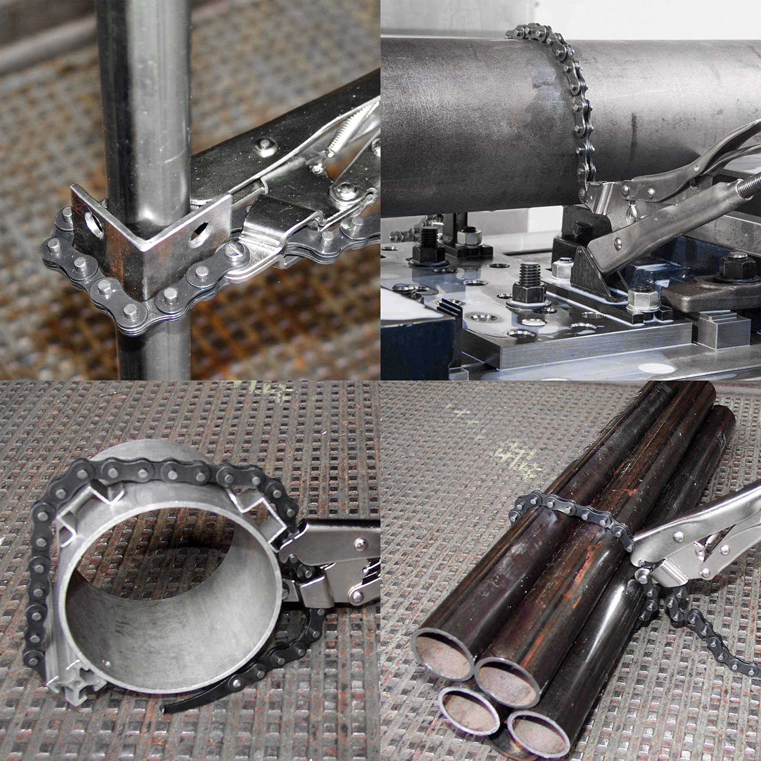 Strong Hand Tools locking chain pliers showing 48-inch chain extended for large workpieces.