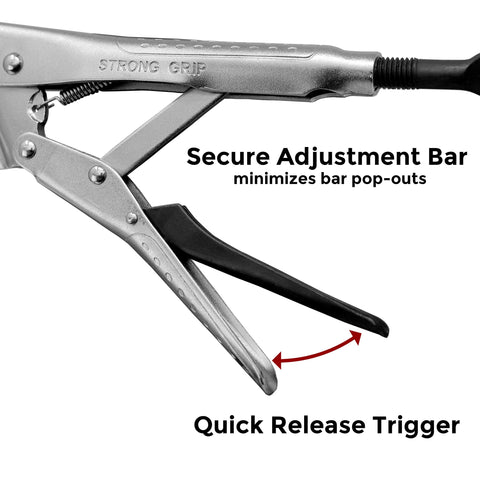 Strong Hand Tools locking chain pliers in use, stabilizing odd shapes for welding or assembly.