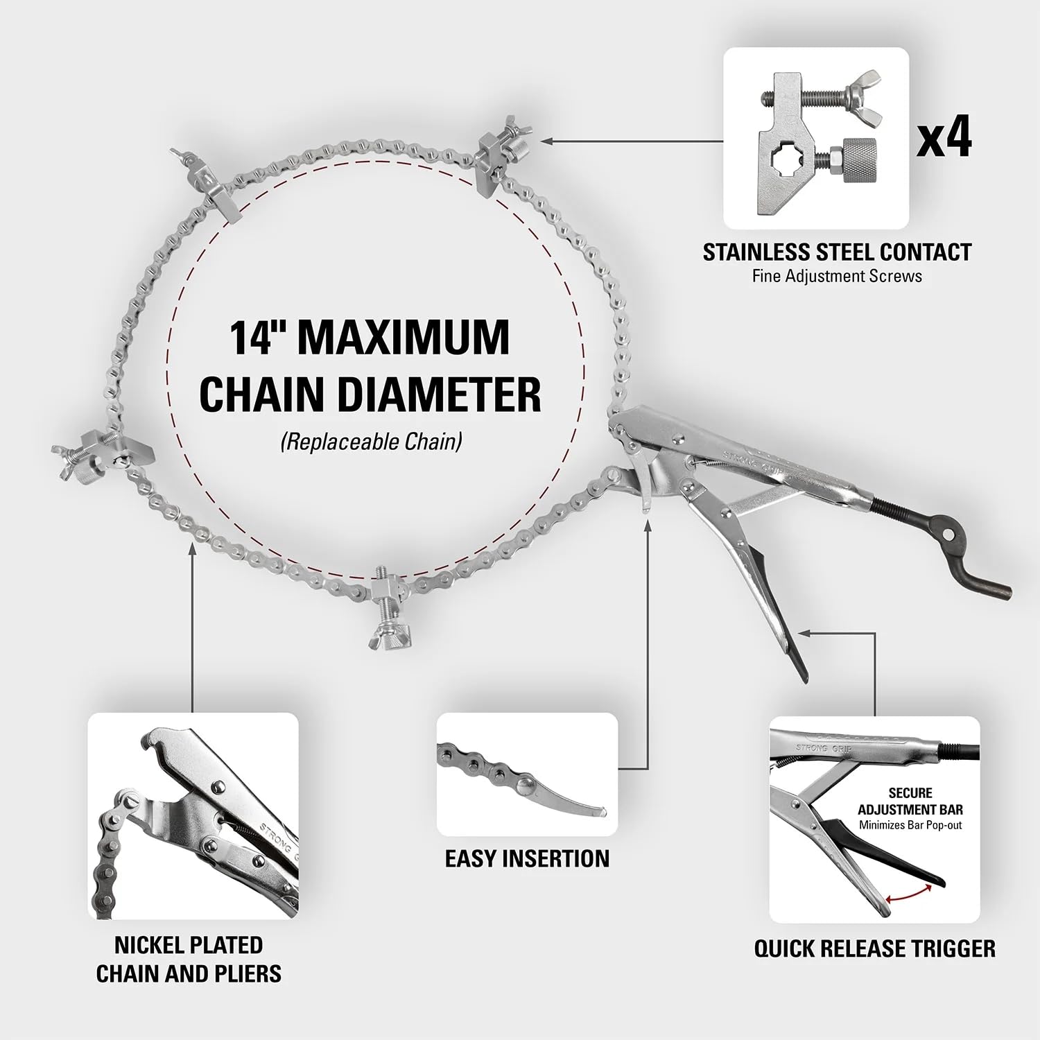 The Python 14-inch max holding diameter highlights versatile pipe fit.