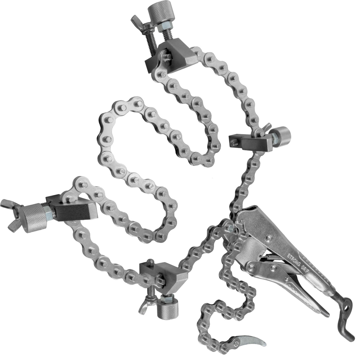 Strong Hand Tools The Python in extended view shows secure pipe alignment for welding prep.