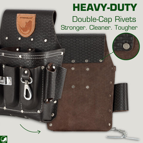 STRONGLAD durable leather construction withstands heavy use on electrical and construction jobsites.
