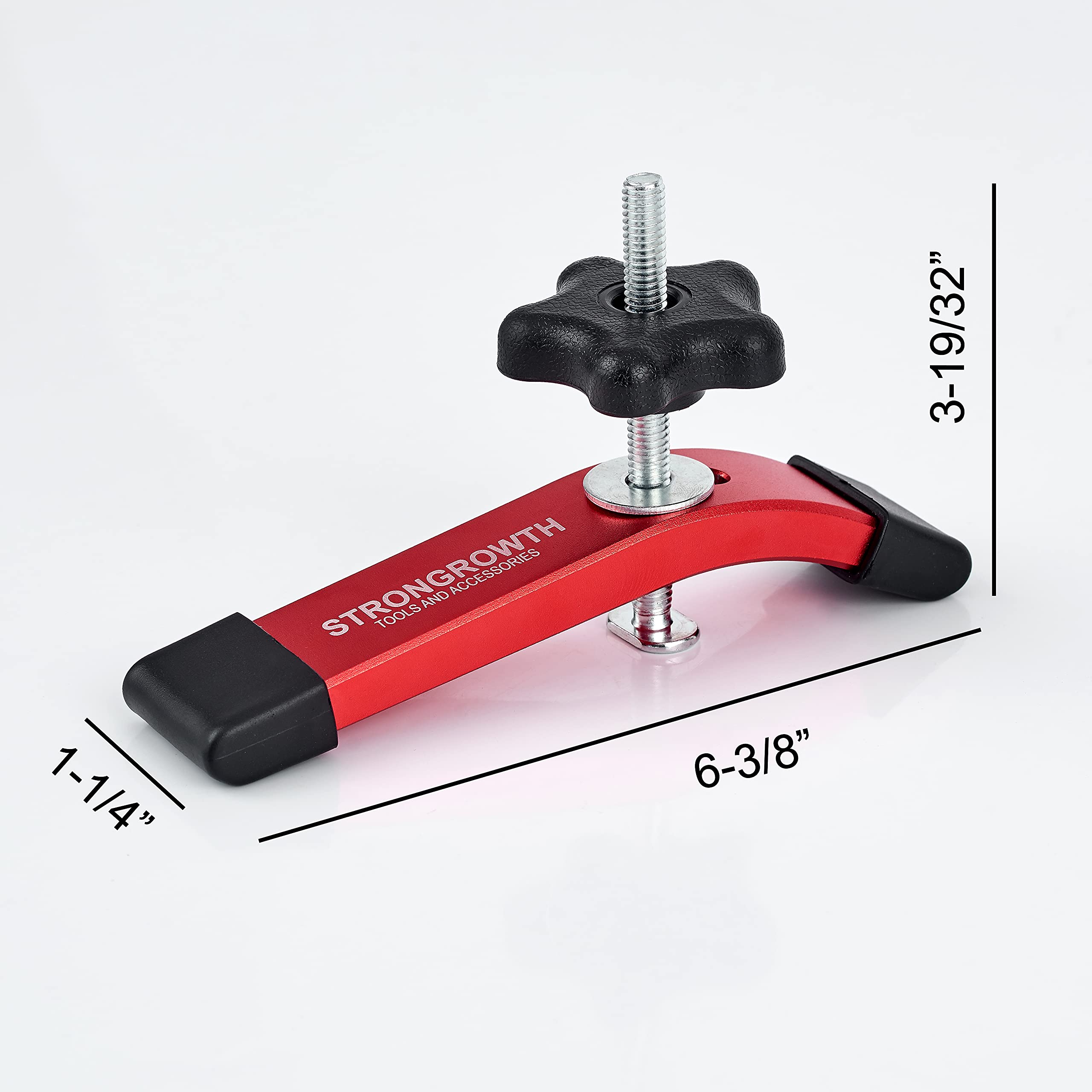 STRONGROWTH red clamp securing a jig on a T-track setup during woodworking