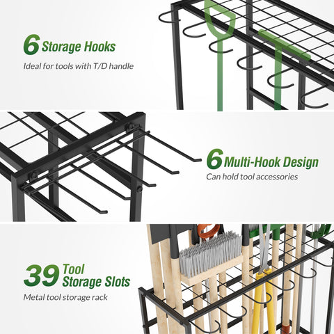 Sttoraboks 12 side hooks keep rakes and brooms within reach.