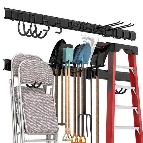 Sttoraboks garage tool storage rack keeps tools organized and within easy reach.
