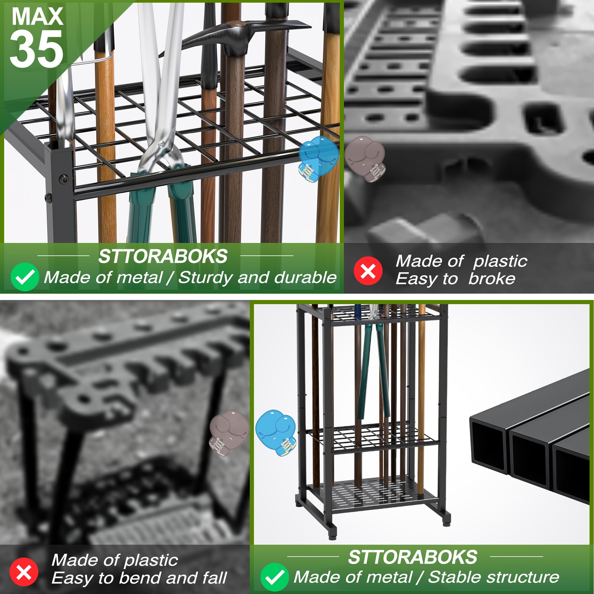 Sttoraboks garage-tool-storage-shed keeps shovels, brooms, and mops organized.