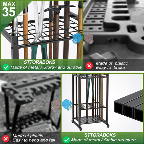 Sttoraboks garage-tool-storage-shed keeps shovels, brooms, and mops organized.
