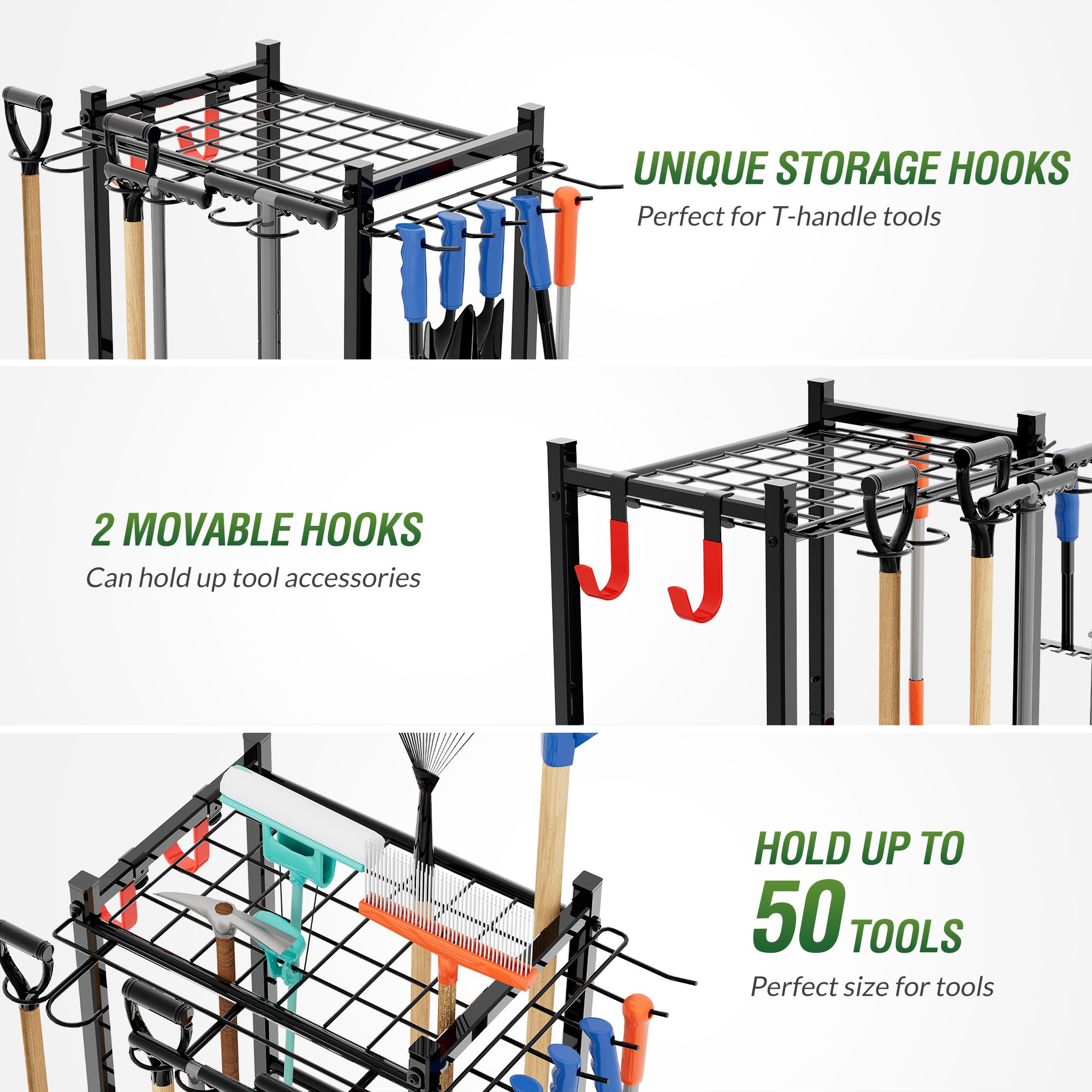 Sttoraboks garden tool organizer rack close-up of 11 hooks arrangement