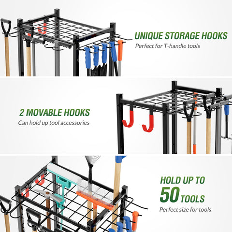 Sttoraboks garden tool organizer rack close-up of 11 hooks arrangement