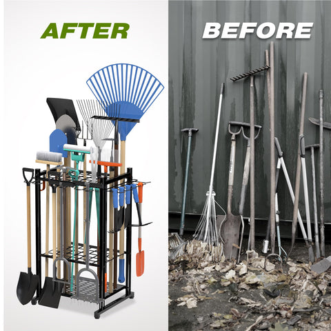 Sttoraboks garden tool organizer rack assembled in shed setup