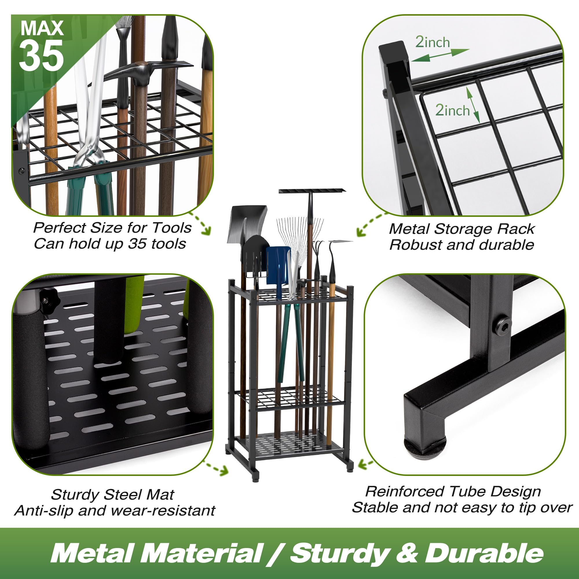 Sttoraboks yard-tool-tower-rack helps maximize shed space and improve tool access.