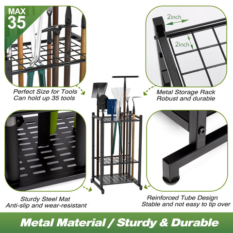 Sttoraboks yard-tool-tower-rack helps maximize shed space and improve tool access.