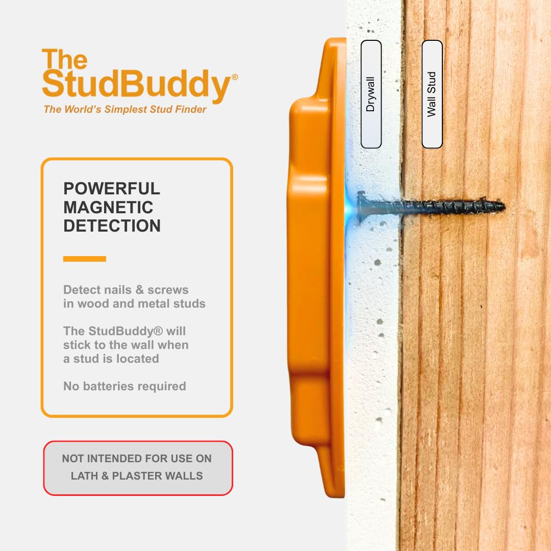 The StudBuddy on drywall detects screw heads for stud locating.