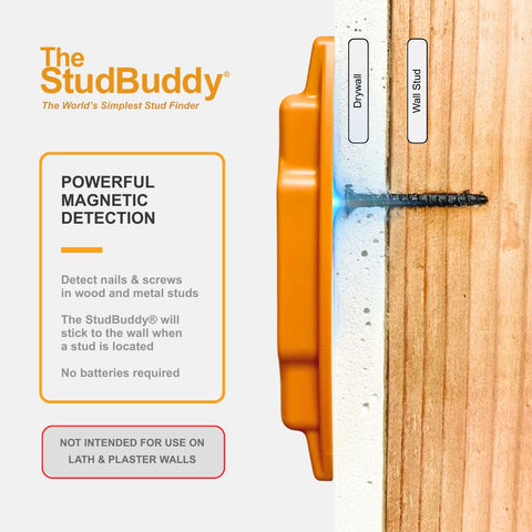 The StudBuddy on drywall detects screw heads for stud locating.