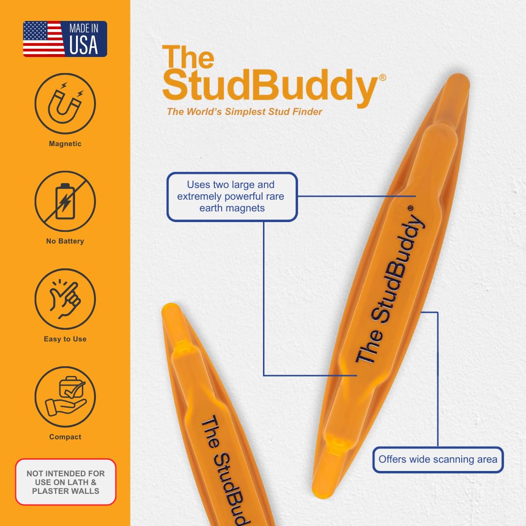 StudBuddy magnets detection close-up highlights screw heads for accurate locating.
