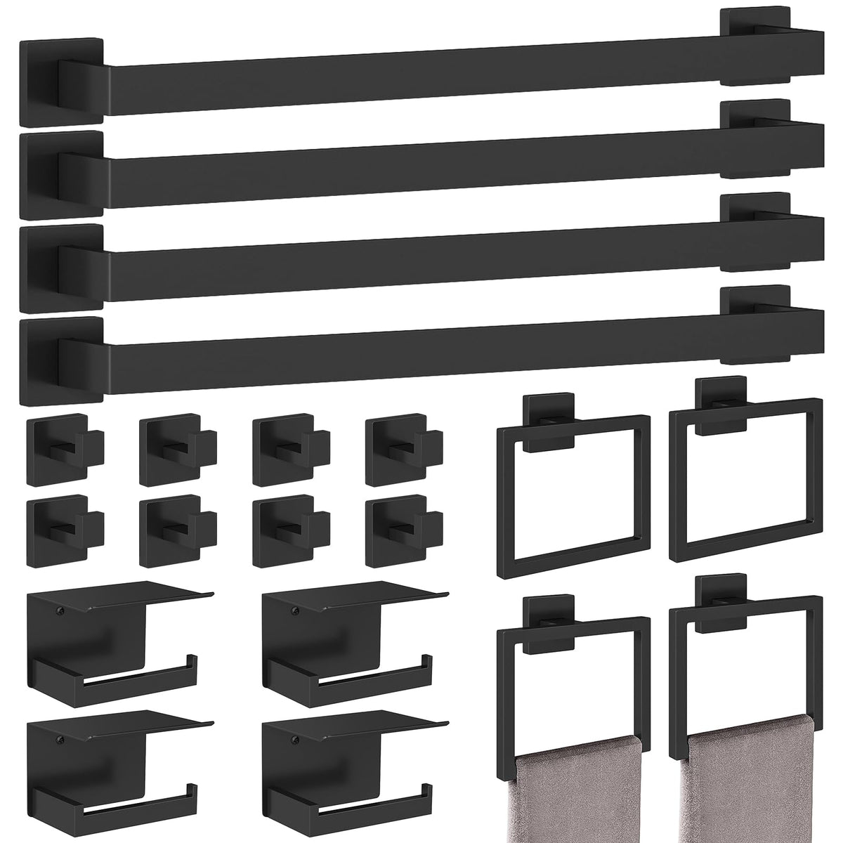 STWWO 20-piece matte black bathroom set for cohesive wall storage.