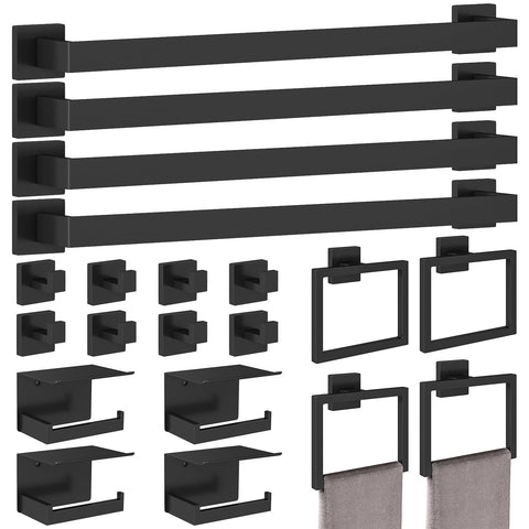 STWWO 20-piece matte black bathroom set for cohesive wall storage.