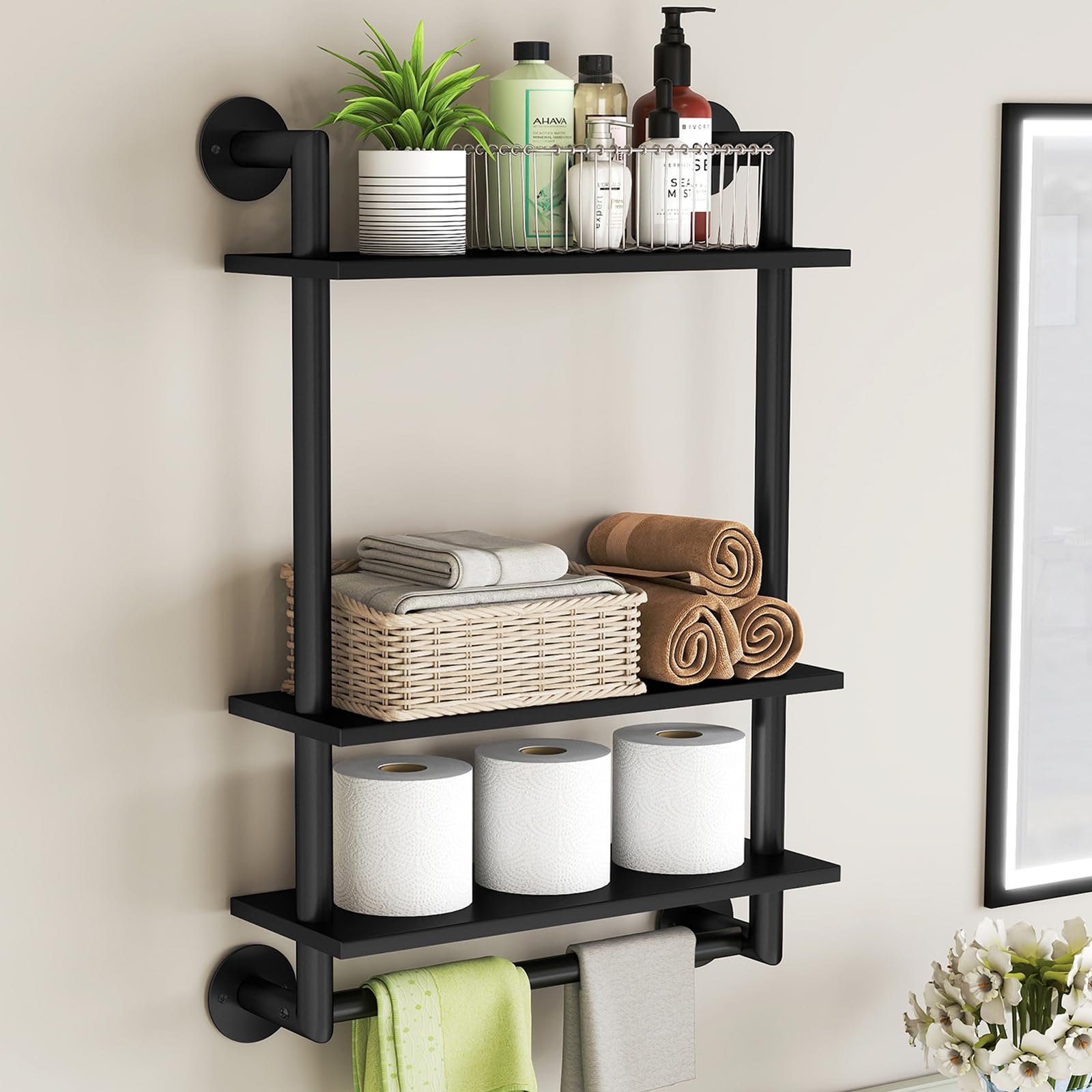 STWWO 3-tier wall shelf with towel bar for compact bathroom organization