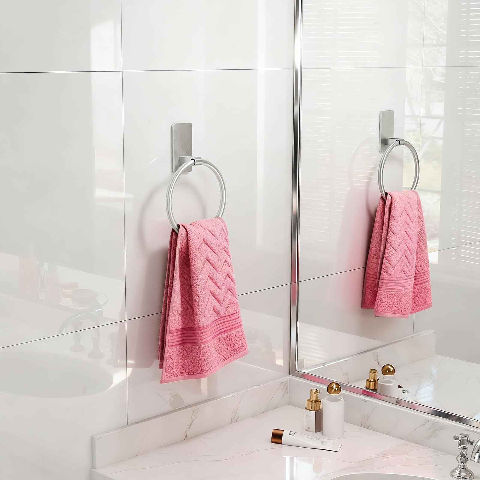 STWWO towel ring mounted on tile surface keeps towels within easy reach