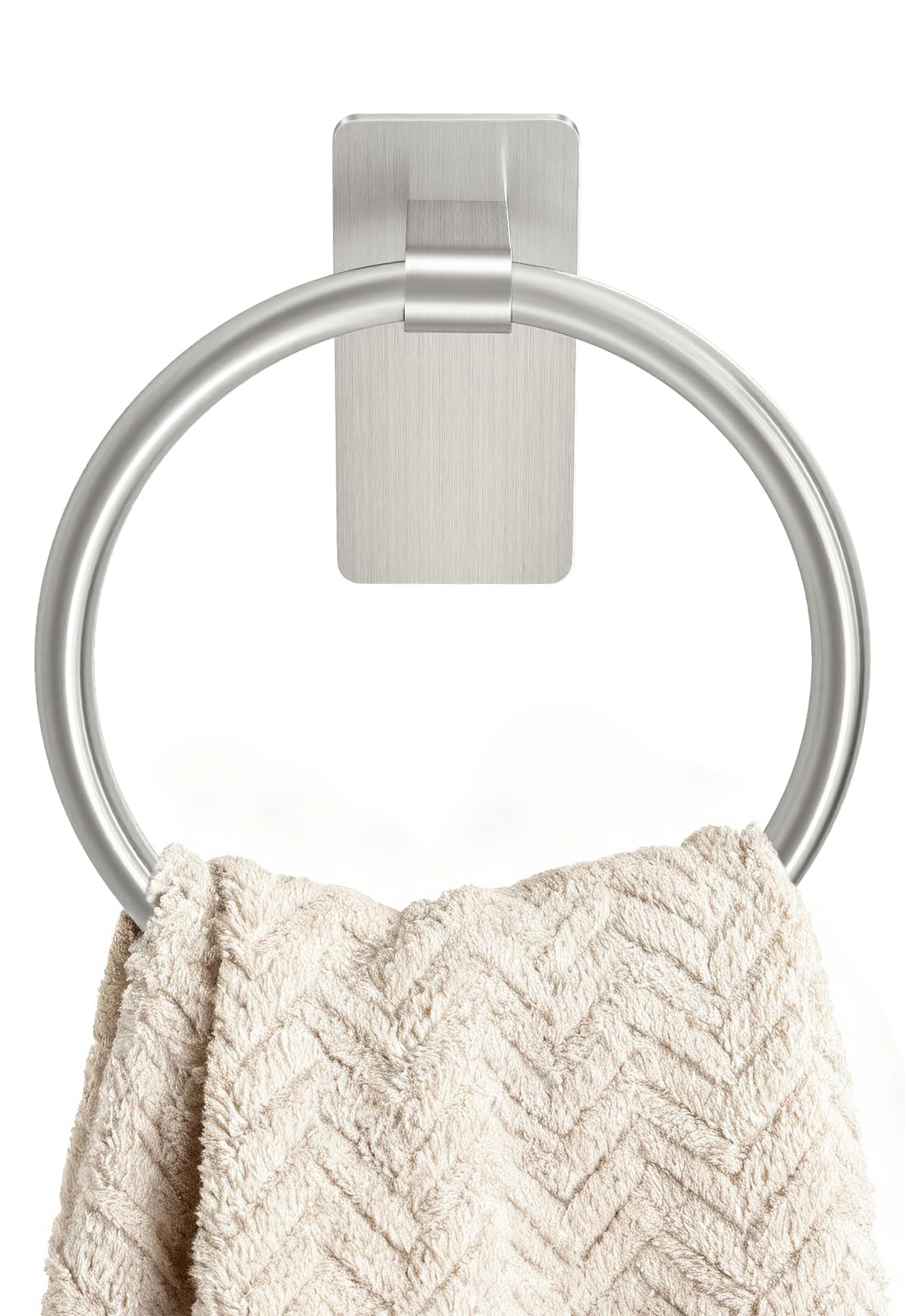 STWWO brushed nickel towel ring with adhesive base on bathroom wall for easy setup
