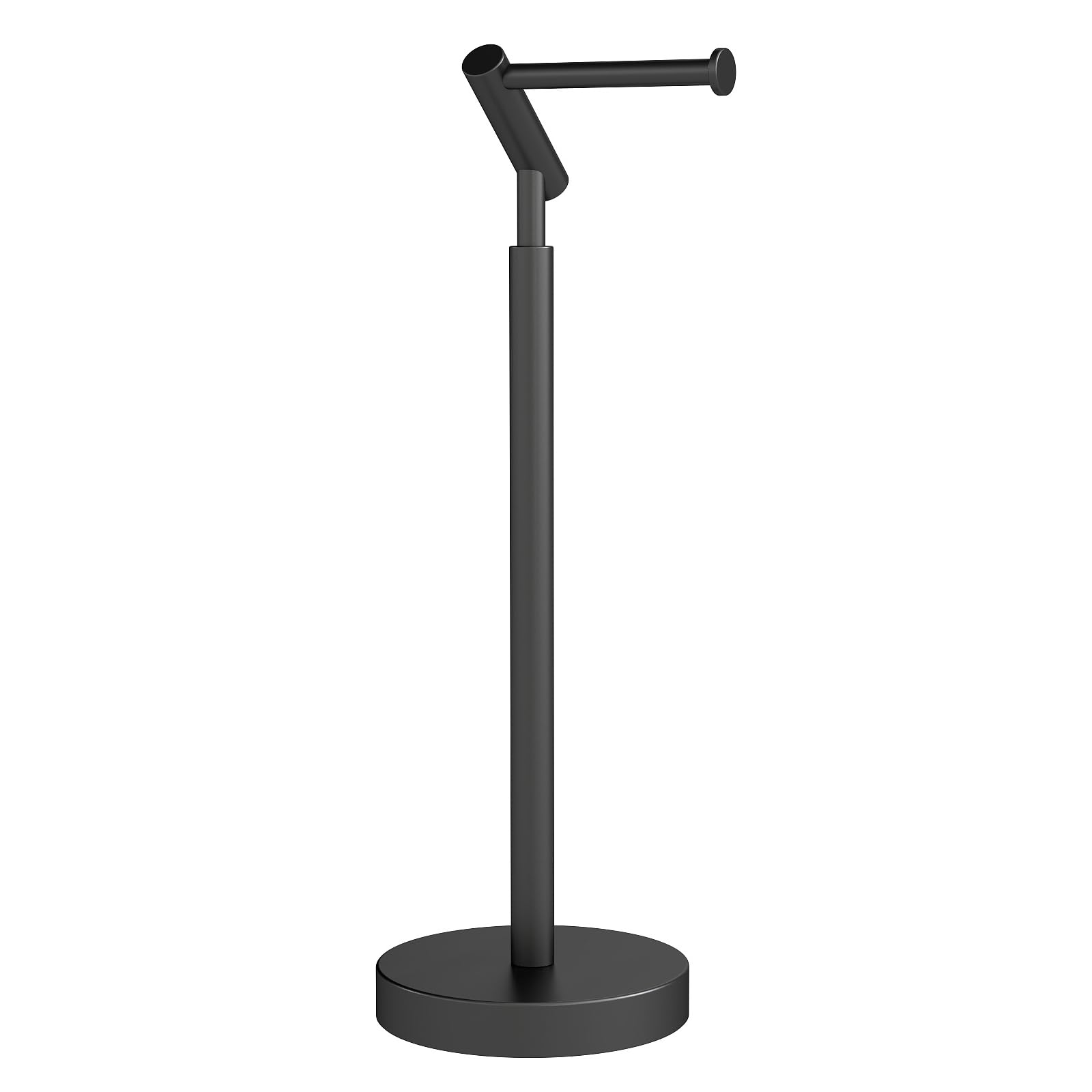 STWWO free-standing toilet paper holder with matte black base for bathroom stability.