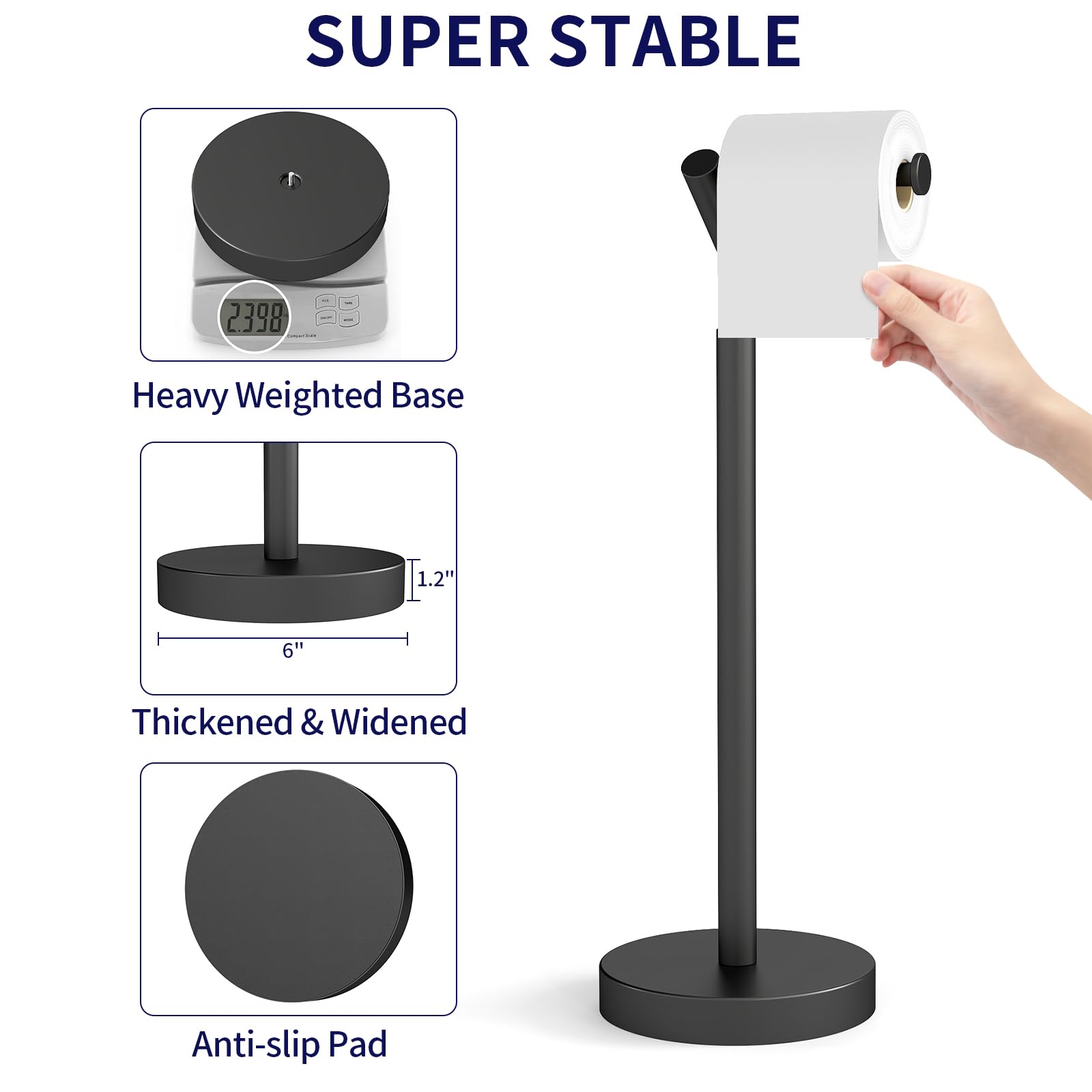 STWWO toilet paper holder top arm design secures a single roll for quick replacement.