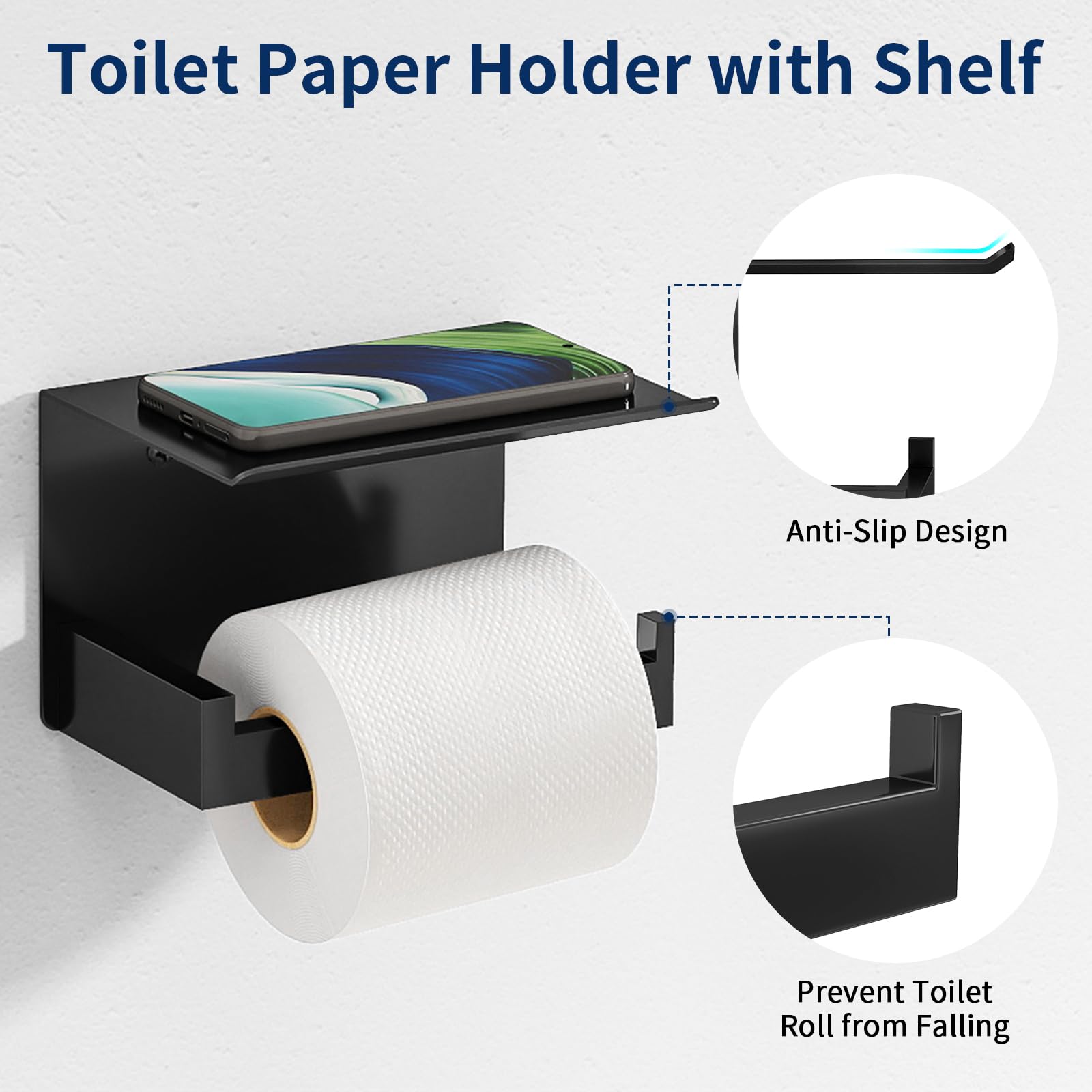 STWWO toilet paper holder with shelf in matte black.