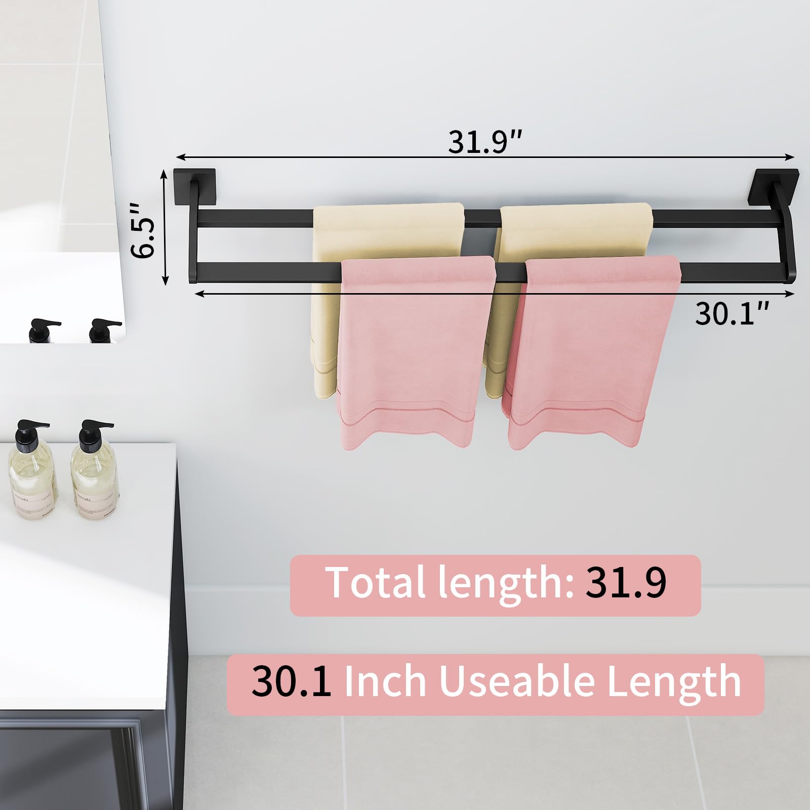 Total length 31.9 inches with 30.1 inches usable space for towels