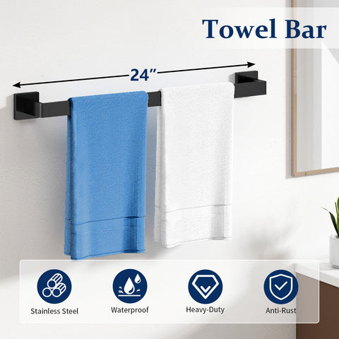 STWWO 24-inch matte black towel bar for organized towels.