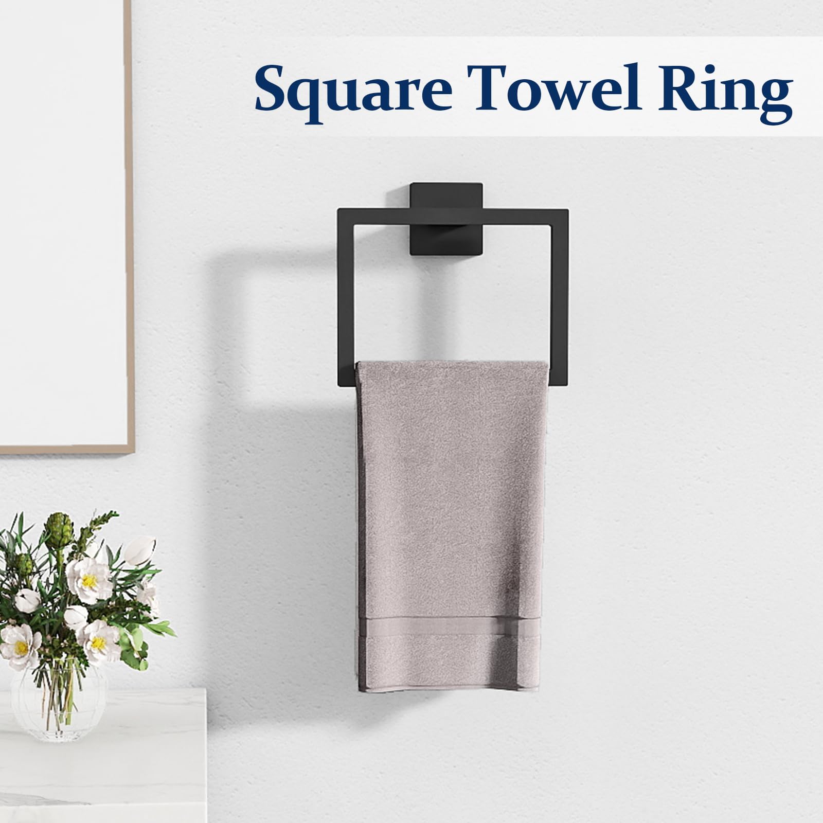STWWO towel ring in matte black complements bathroom decor.