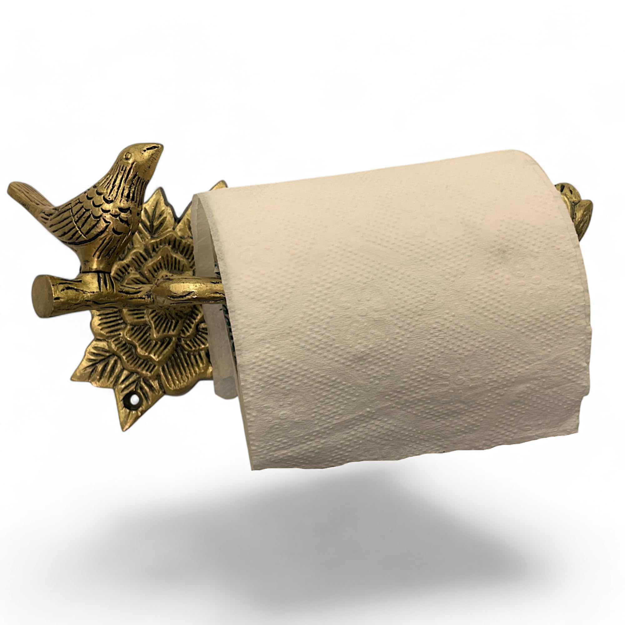 Stylentdecor brass bird toilet paper holder leaf motif close-up detail.